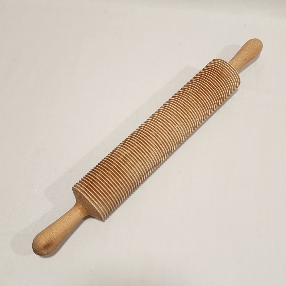 Vintage Wooden Ribbed Rolling Pin Textured Grooved Dough Pasta Roller 17 inch